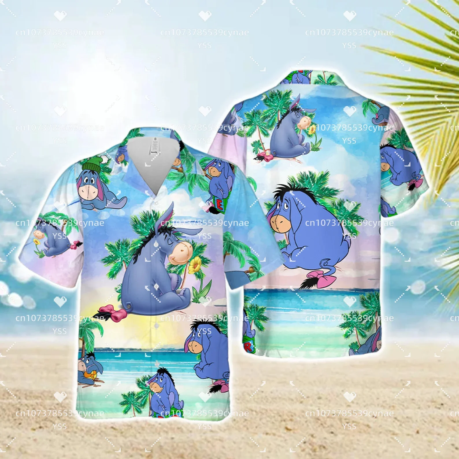 2024 Disney Eeyore Hawaiian Shirt Eeyore Donkey Palm Tree Beach Short Sleeve Hawaiian Shirt Men's and Women's T-shirt