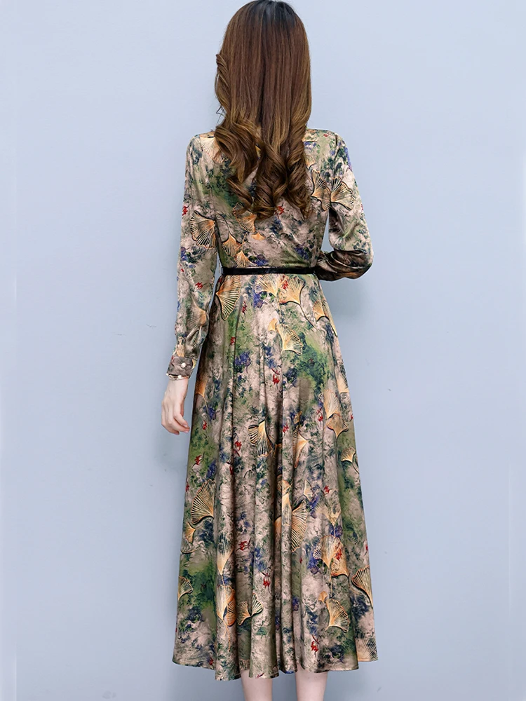 Vintage Floral Satin Casual Long Dress Autumn Winter Women Elegant Luxury Party Vestidos 2024 Bodycon Chic Prom Night Midi Dress