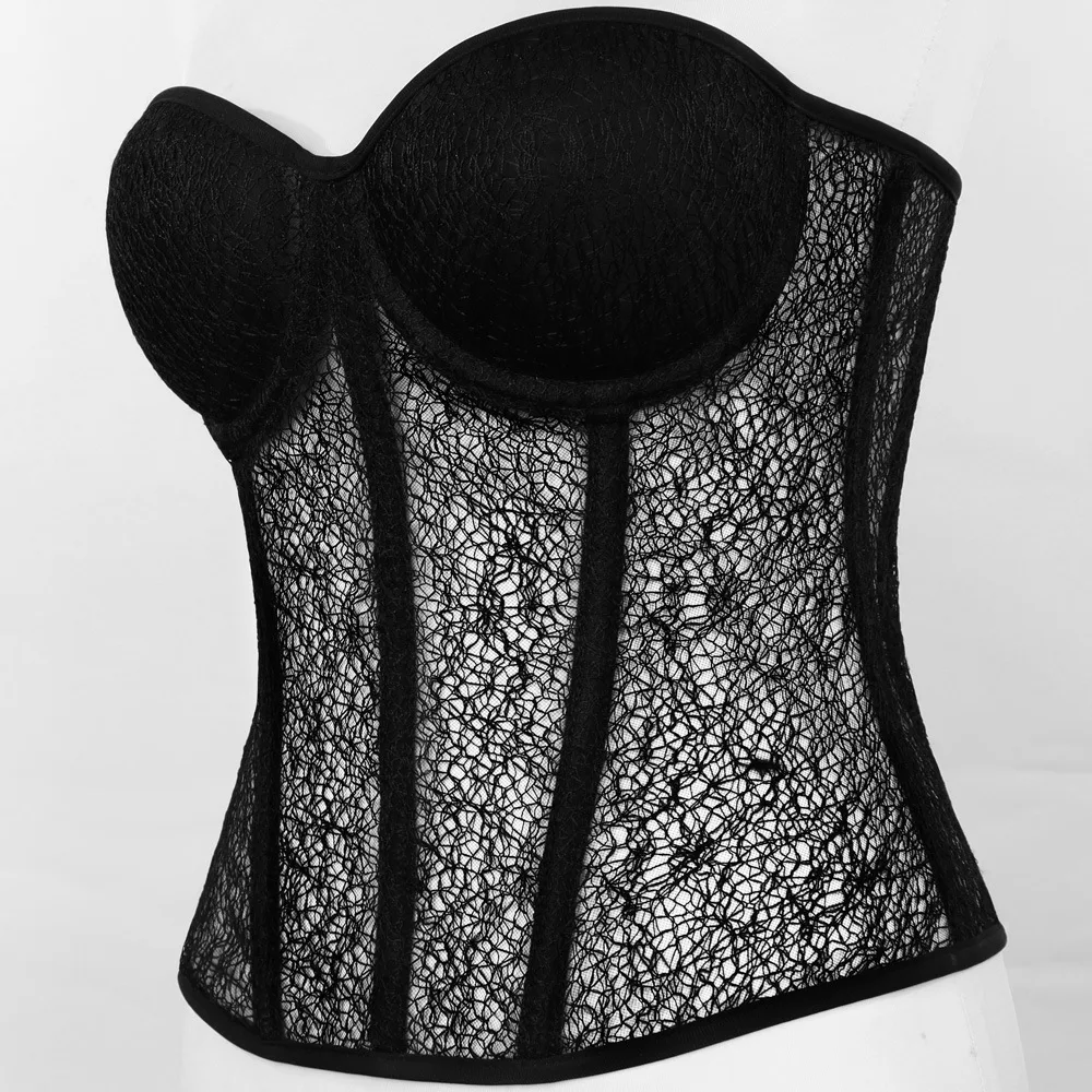 Sexy Transparent Bra Mesh Push Up Bralet Women's Corset Bustier Club Party Breathable Shapwear Lace Up Bones Bodices