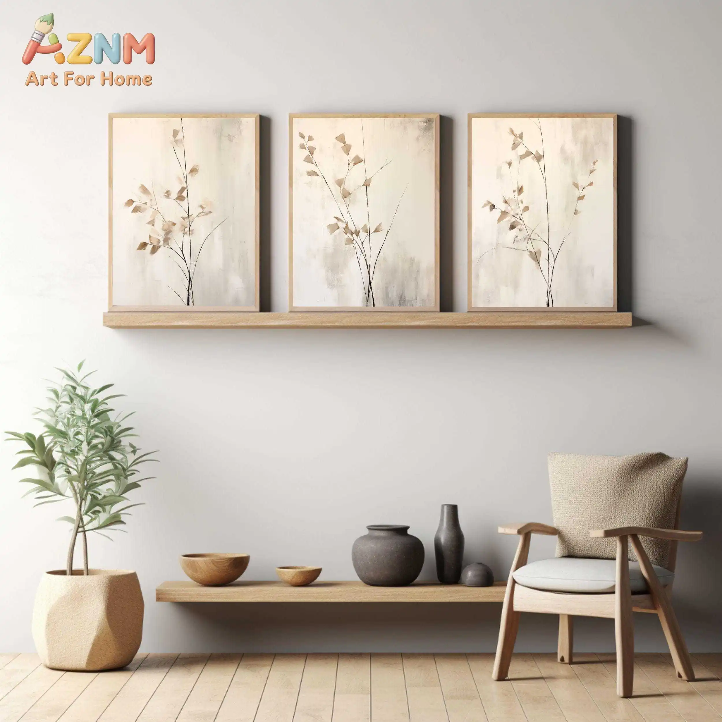 AZNM 3Pcs Neutral Beige Ginkgo Leaf Canvas Wall Art, Minimalist Abstract Dry Branch Textured Print Frameless Canvas Painting,