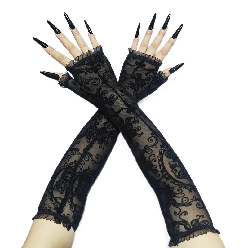 Halloween crâne croix fleurs respirant Transparent Sexy maille académie fête Cosplay Punk foncé gothique influenceur gants femmes