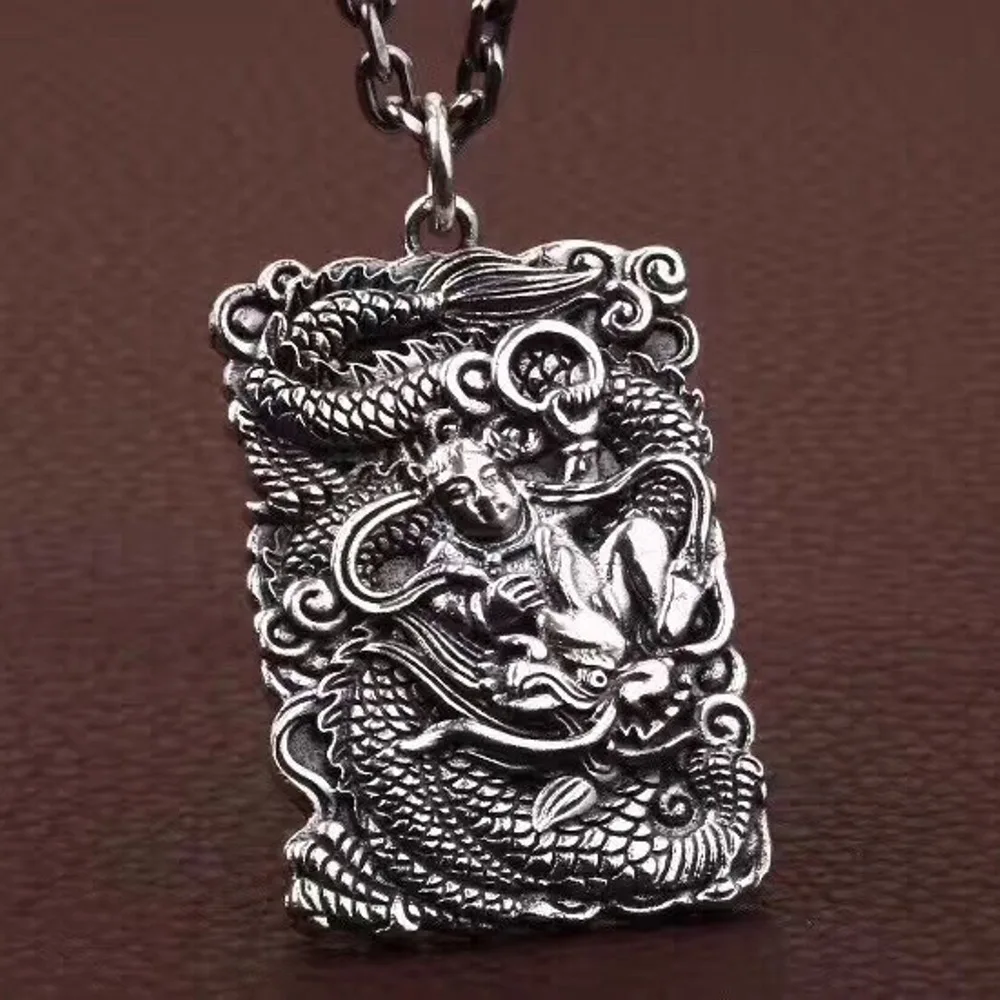 

Real Solid 925 Sterling Silver Men Women Gift Retro Carved Children Baby Dragon Oblong Pendant 30g