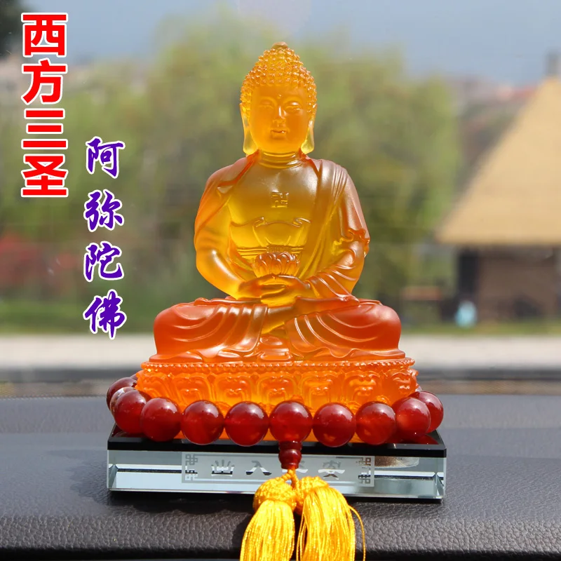 

17cm tall -HOME Office CAR Spiritual safe protection Bless family # Greco-Buddhist yellow crystal Lotus Buddha FENG SHUI statue