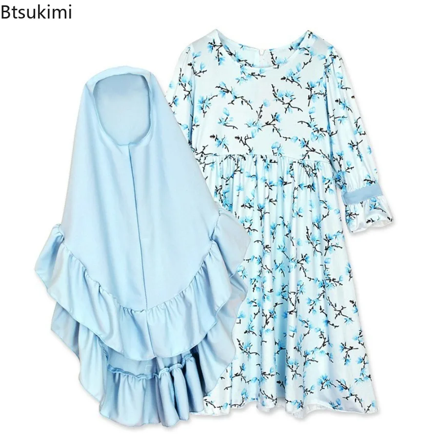 Eid Ramadan Muslim 2pcs Kids Abayas Headscarf Outfits Girls Print Long Sleeve Dress+Hijab Set Children Dubai Islamic Kaftan Gown