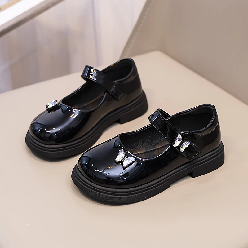 Children Loafers for Girl Black Glossy Spring Autumn Uniform School Leather Shoes Pearls Round-toe Kids Shoes Simple All-match