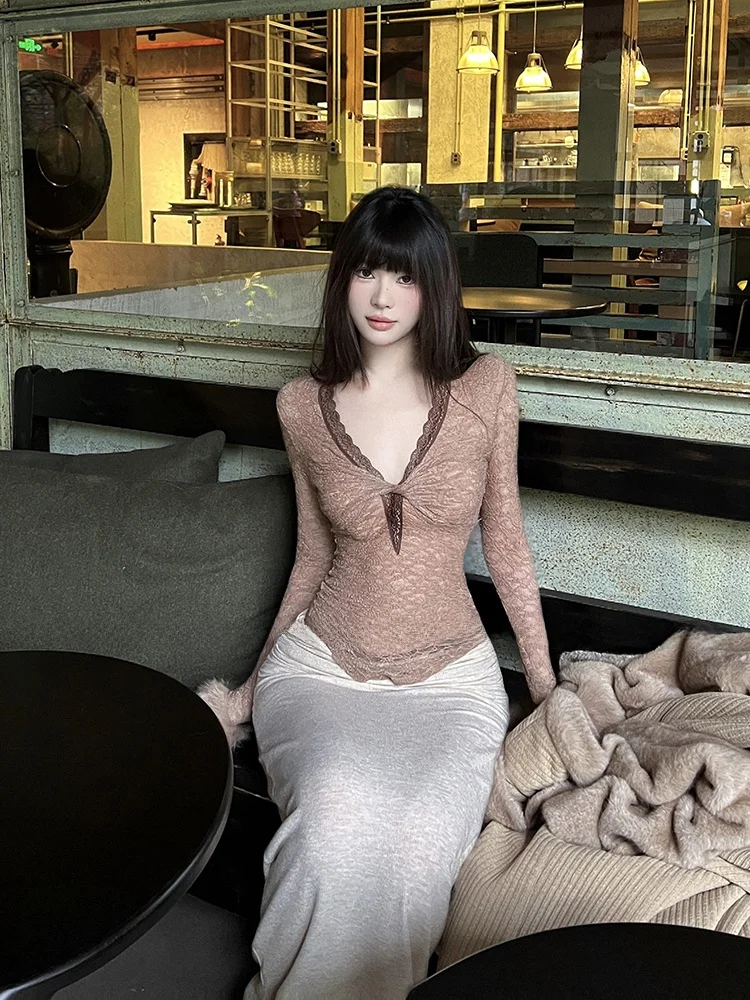 

Elegant Lace V-neck Knot Top And Wrap Skirt Set plus Size Women Autumn Winter Fashion Outfit Pure Desire Retro Style Long Sleeve