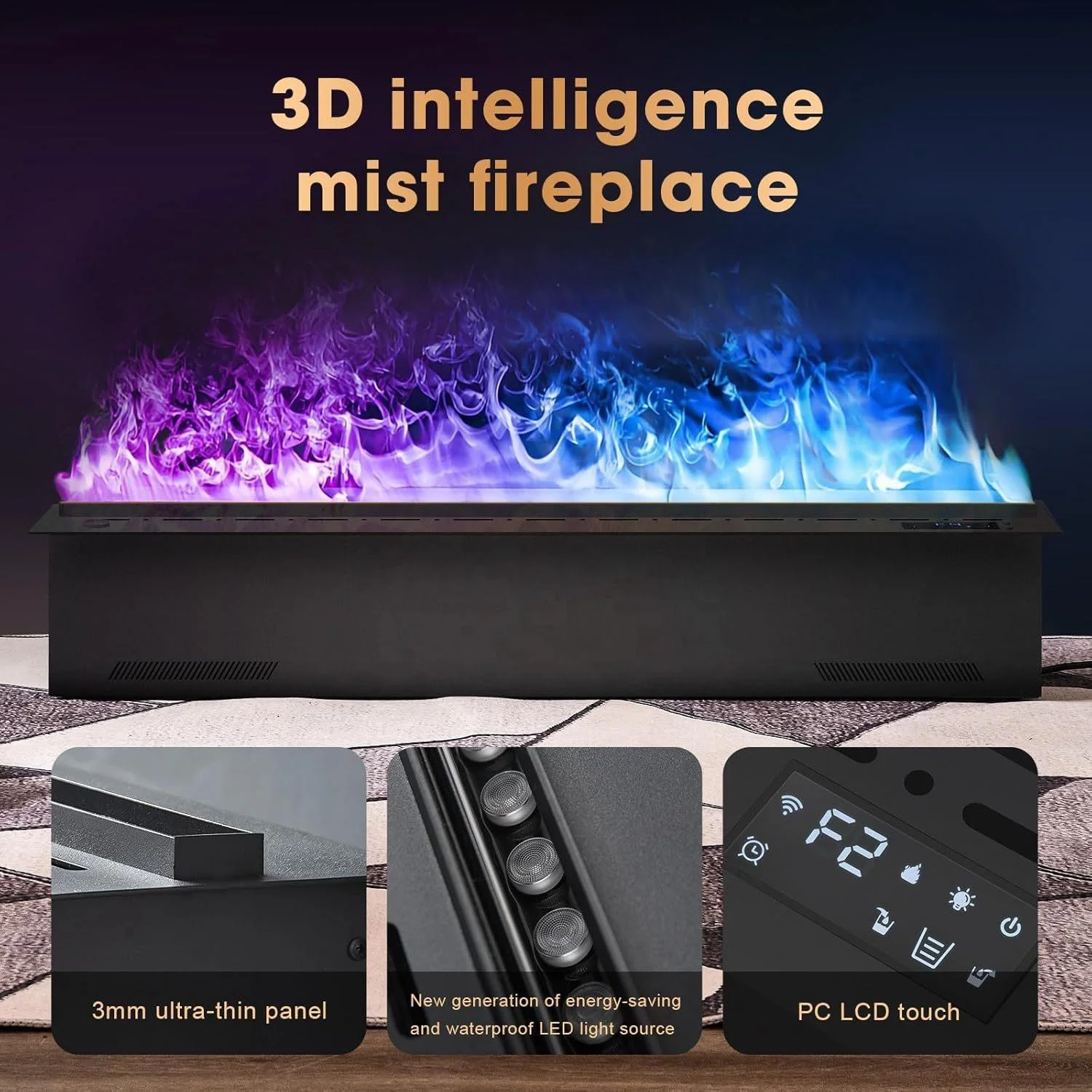Aflyever Caminetto Elettrico ad Acqua con Effetto Fiamma 3D, Fiamma Realistica Incorporata, Controllo Remoto e APP, Decorazione d'Interni, Caminetto a