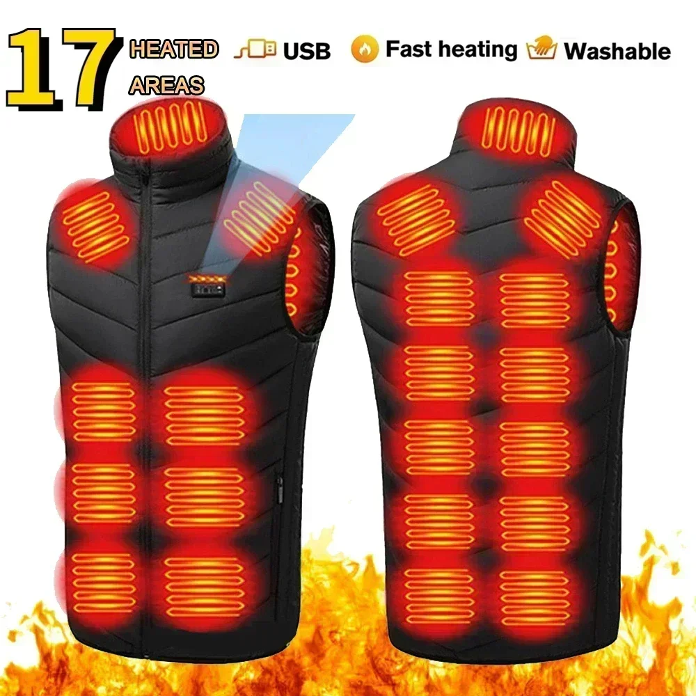 17 zona colete de aquecimento masculino usb infravermelho jaqueta térmica inteligente roupas de aquecimento novo inverno à prova de frio grosso sem mangas casaco caminhadas