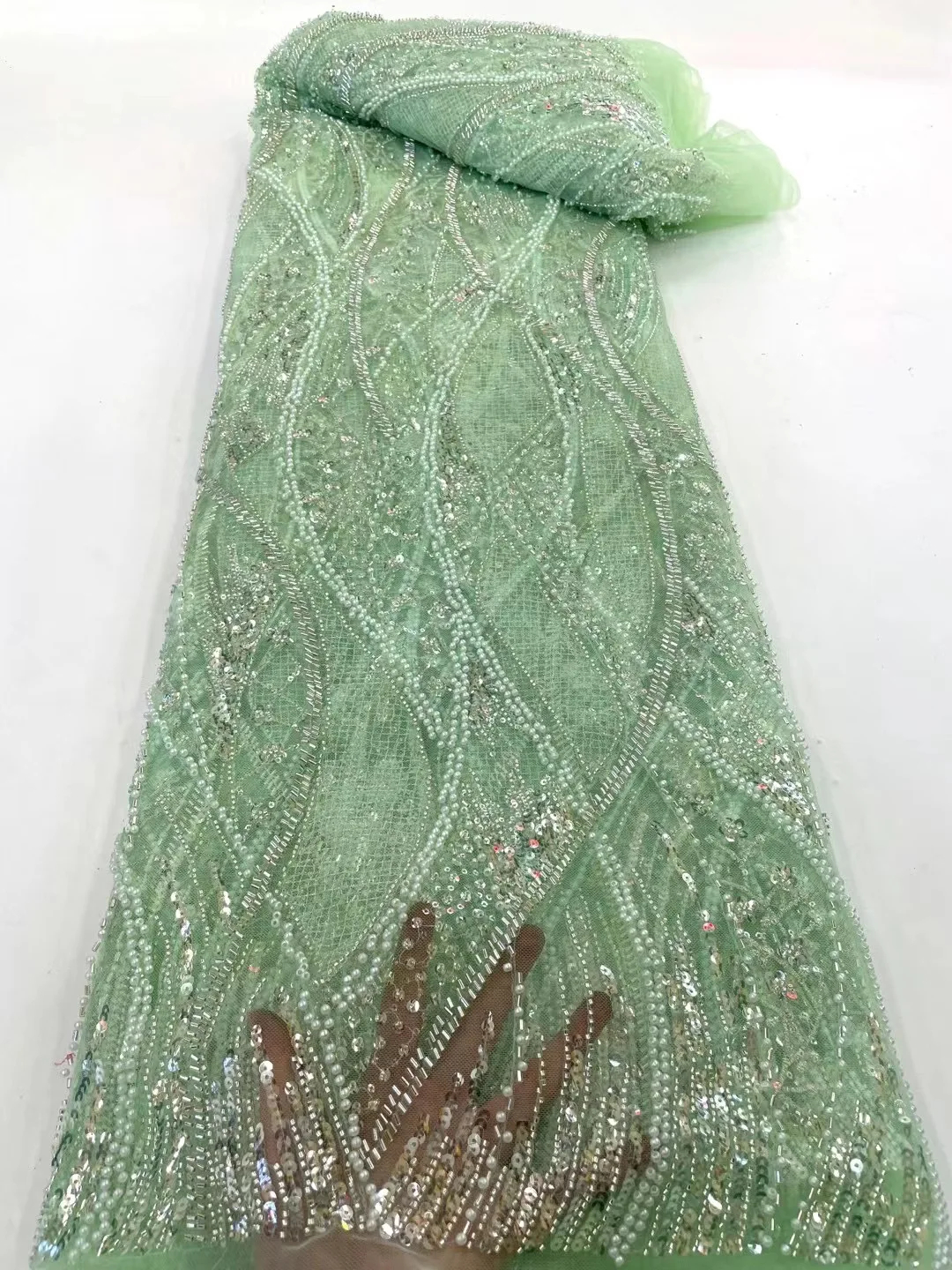 Nigerian Cyan Green Luxury Sequins Net Lace 2022 High Quality African Tulle Beaded Fabric French For Wedding Prom Party Dress