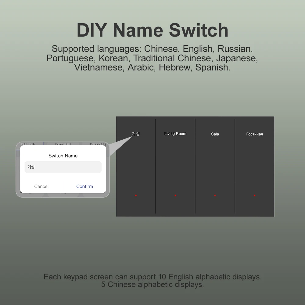 MANHOT Zigbee Horizontal Smart DIY Name Switch Display Screen Glass Panel 1/2/3/4/6/8 Push Button Works with Tuya Smart Life App
