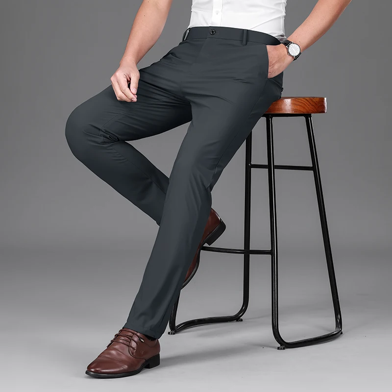 

Men's High-End Ice Silk Suit Pants Summer Thin High Elastic Draping Silky Slim Straight Solid Color Business Trousers