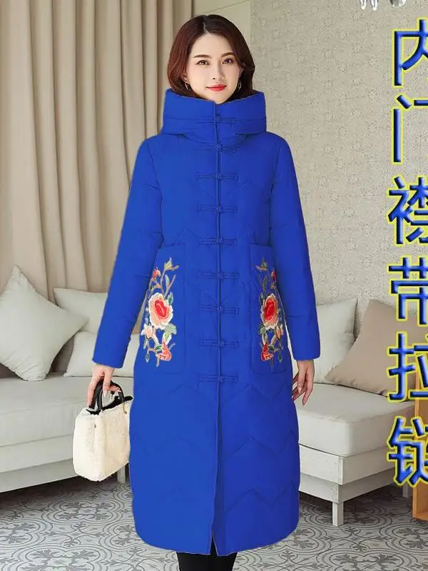 

Thiened Long Zipper Winter Coat for Women Knee-Length Button Design Cotton Padded Qipao Tang Suit Simple Sling