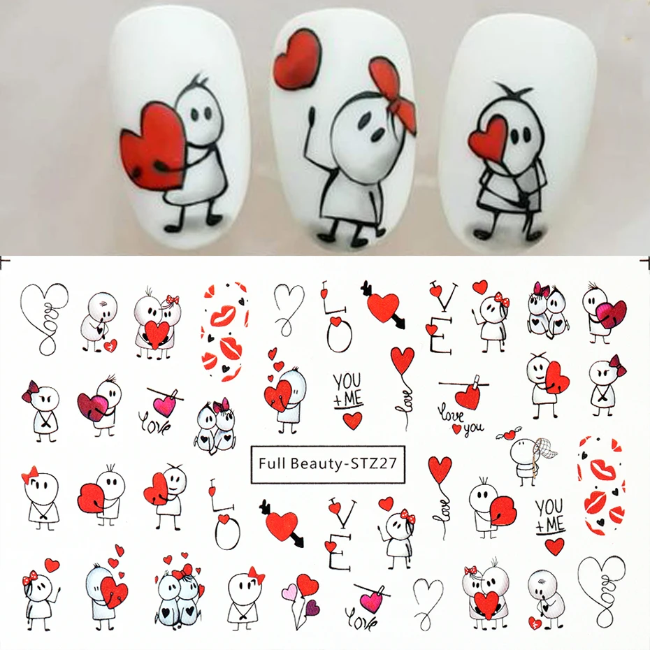 Valentine Nail Stickers Love Heart Decoration Water Transfer Decals Cartoon Cute Bear Nail Slider Tattoo Design Foils Manicure