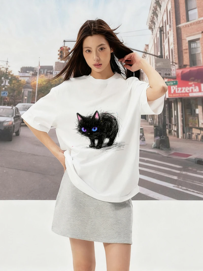 

Женская свободная хлопковая футболка в парном стиле с принтом черного кота, милый сине-глазый черный кот, подходит для весенней и летней одежды