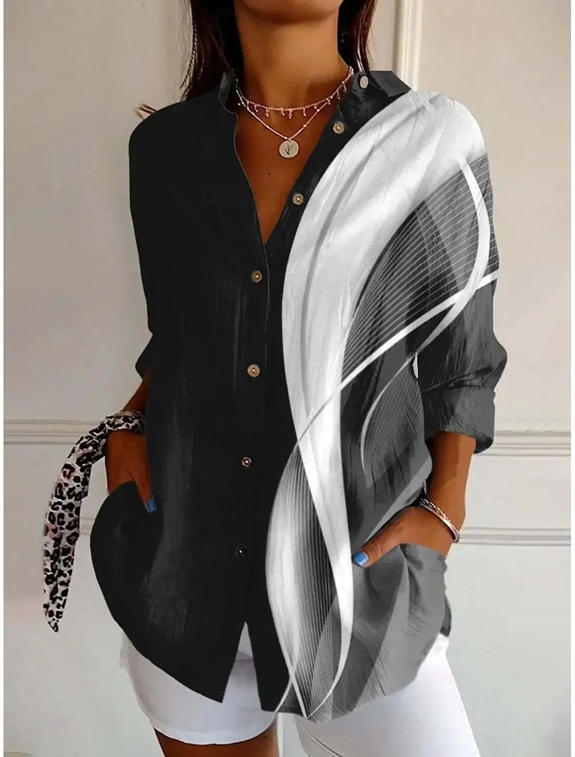 2025 Spring Women's Shirts Geometric Graphics Blouse Lapel Neck Blouse Women's Long Sleeve Shirts Womens Clothes Female Clothing