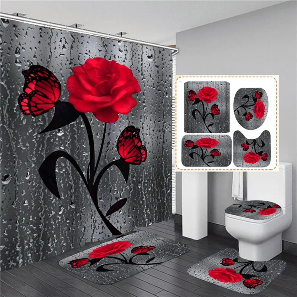 4PCS Flower Shower Curtain Set with Non-Slip Rugs Toilet Lid Cover and Bath Mat Black Shower Curtain Waterproof Bathroom Decor