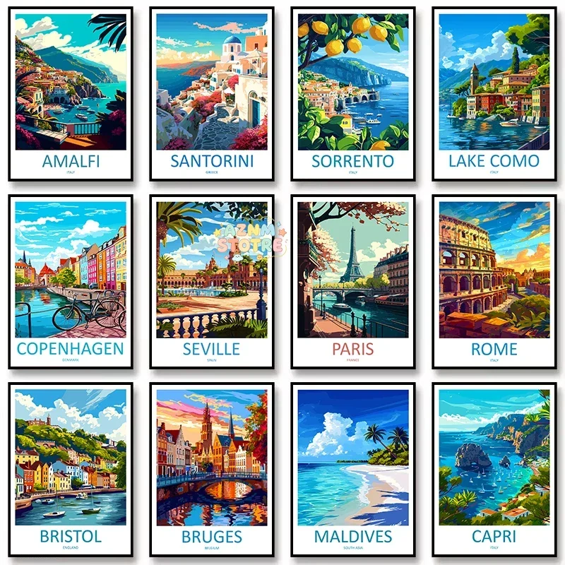 Retro European Travel Cities Paris Italy Maldives Coastal Landscape Nordic Poster Canvas Painting Wall Art Pictures Home Deco