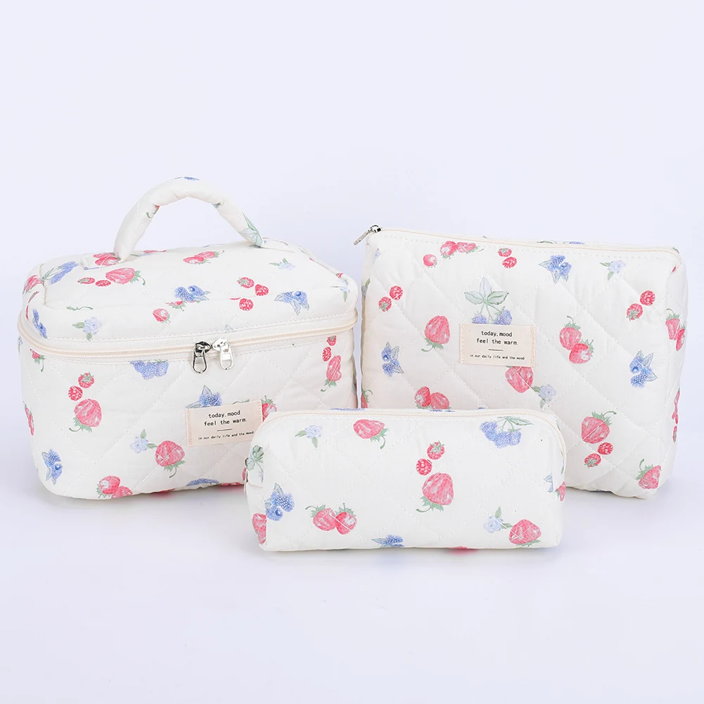 

3Pcs Cute Quilted Cosmetic Bag Strawberry Print Adorable Padding Skincare Pouch Aesthetic Toiletry Purse Ladies Trip Bag