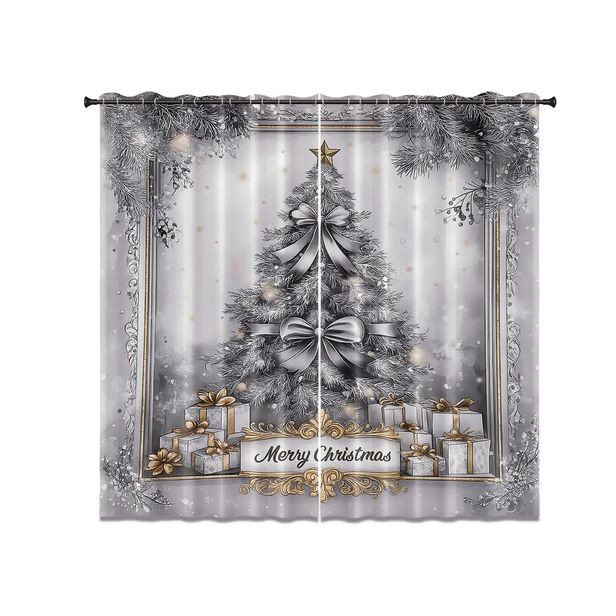 2 Stück Weihnachtsbaum-Verdunkelungsvorhänge mit weißem Aufdruck, mehrere Größen, Wohnzimmer-Isolierung, Urlaubsdekoration, maschinenwaschbar