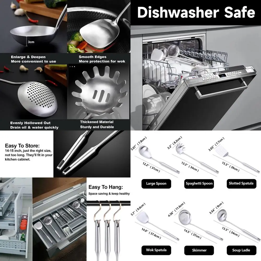 

Professional 6-Piece Stainless Steel Cooking Utensil Set: 12-15 Inch Wok Spatula, Ladle, Skimmer, Slotted Turner, Spaghetti Spoo