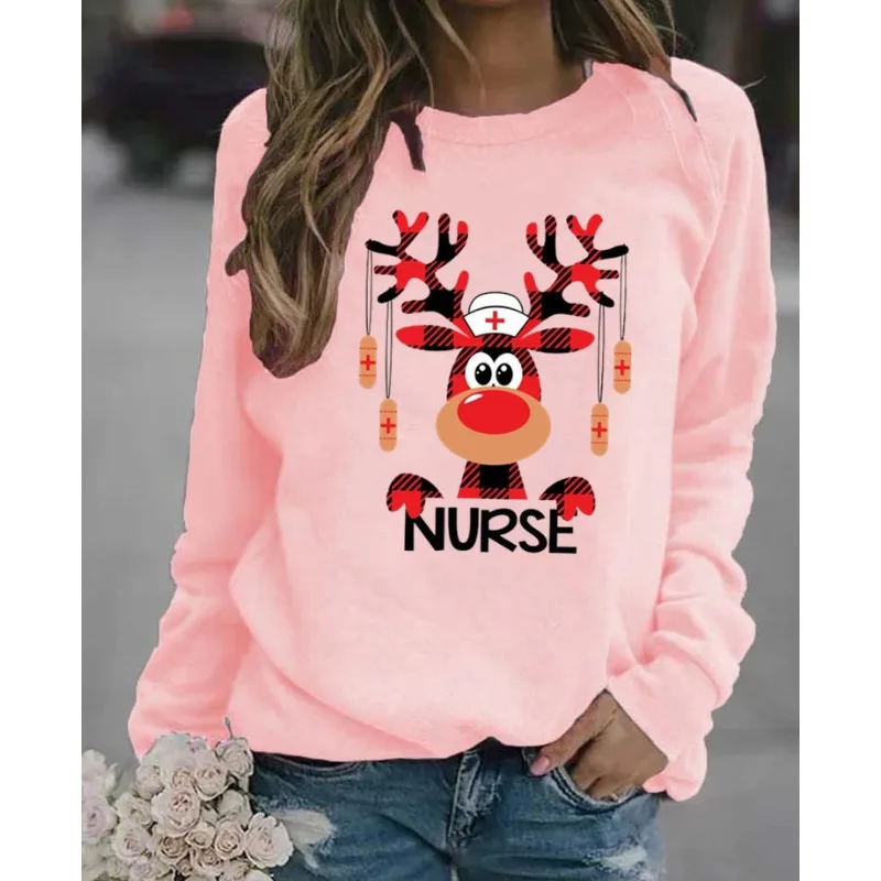 Women\'s Christmas Christmas Deer Print Long Sleeve Casual Fashion Hoodie Sweatshirts  Harajuku  Sweatshirt  Clothes