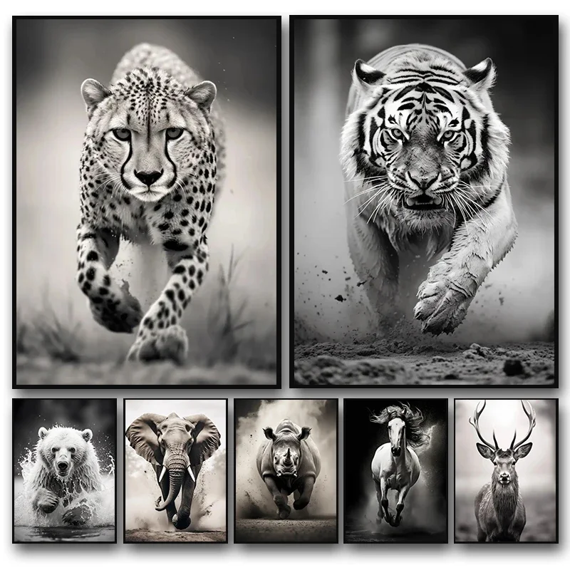 Black and White Tiger Elephant Deer Cheetah Bull Horse Poster Animal Canvas Painting Prints Wall Art Room Home Decor Frameles
