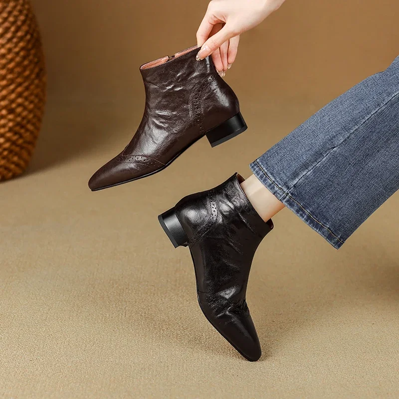 2026 new winter women ankle boots natural leather plus size 22-26cm sheepskin+wool pointed toe thick heel side zip short boots