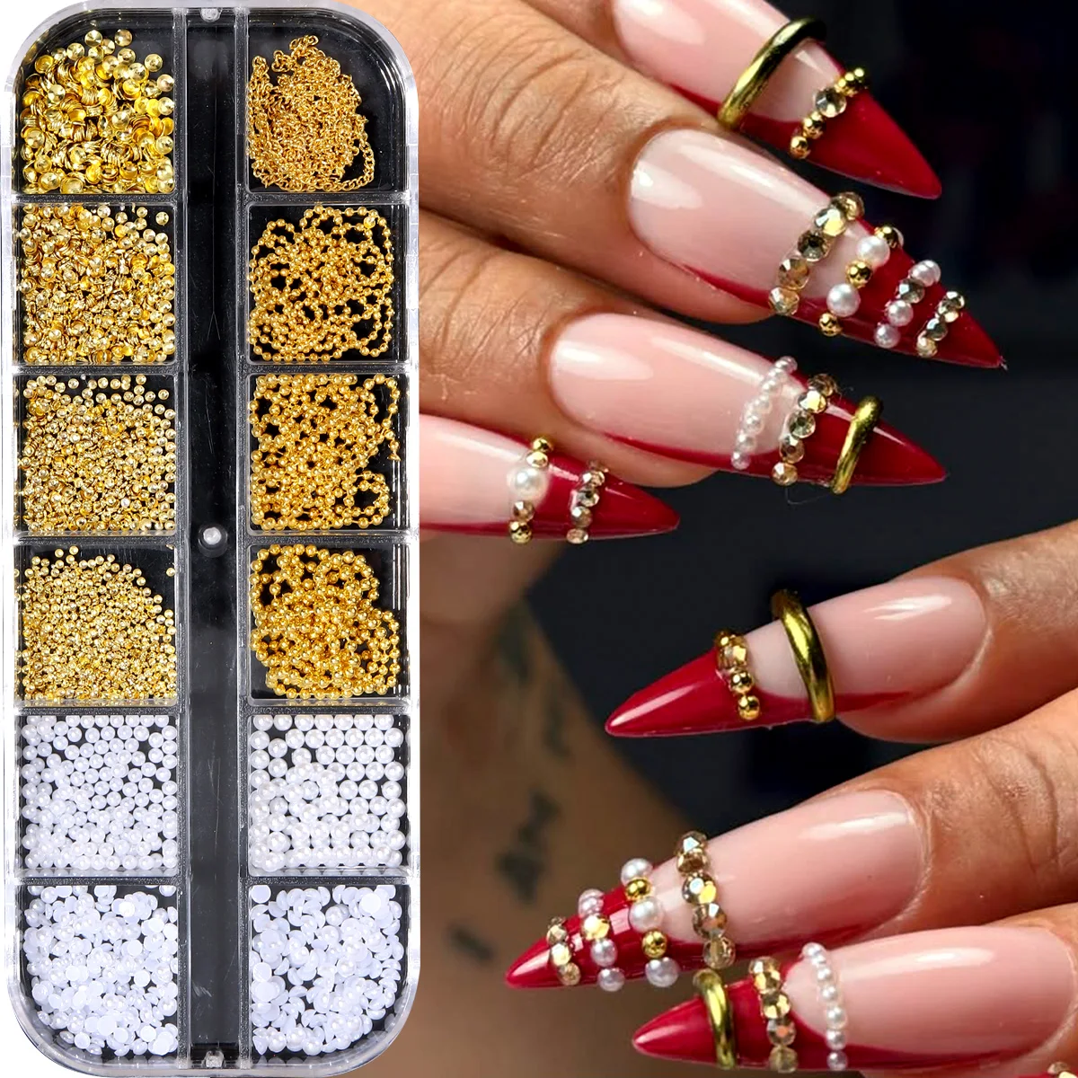 Mini Small Nail Beads Metal Caviar Bead Gold Nail Charms and Gems Ball, Nail Chain for Nail Art Accessories Supplies Gold Rhines