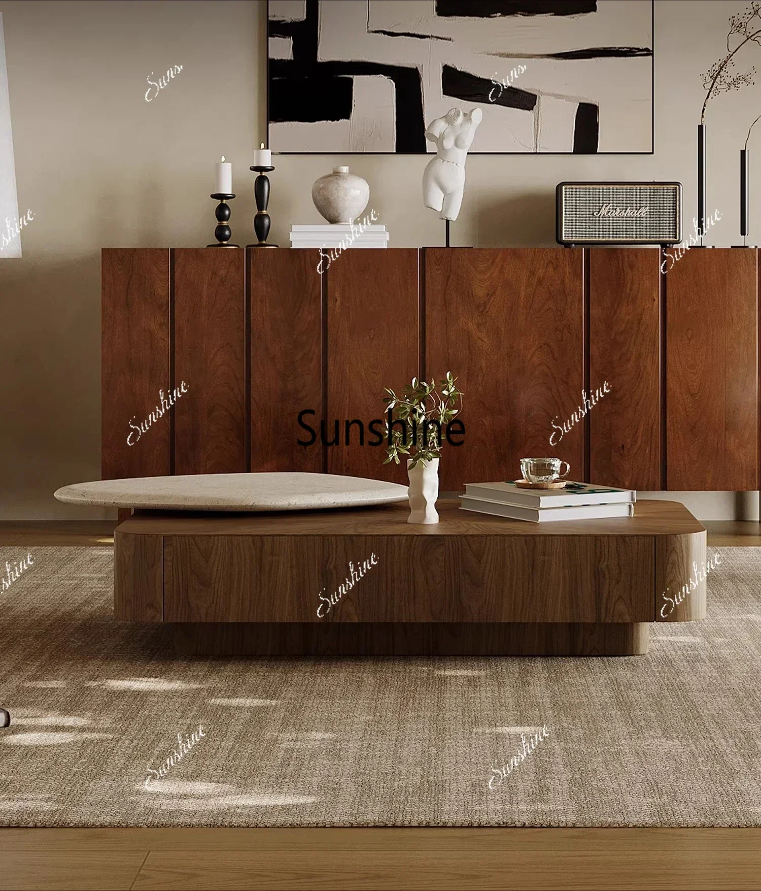 Medieval style rotating coffee table combination square walnut leather natural stone luxury stone high-end home designer T*