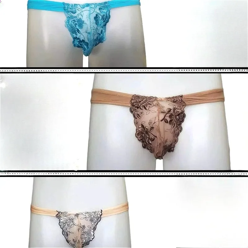 Lace Sexy Mens Underwear Ice Silk Transparent Convex Pouch Briefs Breathable Man Underpants Comfortable Tight-fitting Low Waist