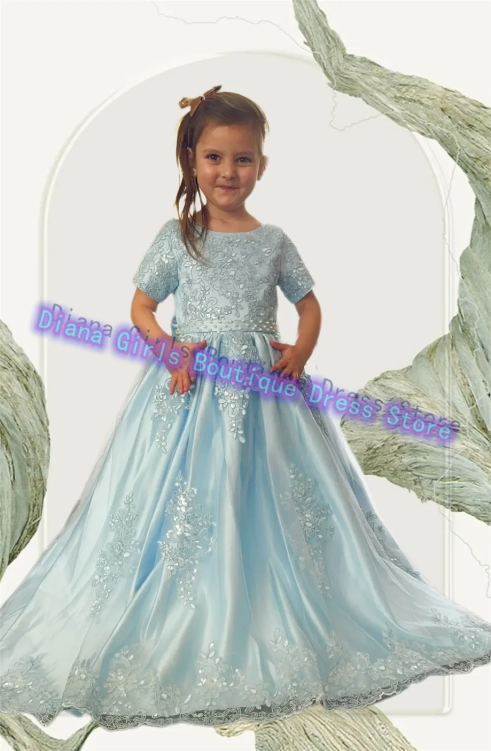 

Quality Sky Blue Flower Girl Dress Satin For Wedding Dressses Exquisite Lace Appliques Little Girls Birthday Party Evening Gowns