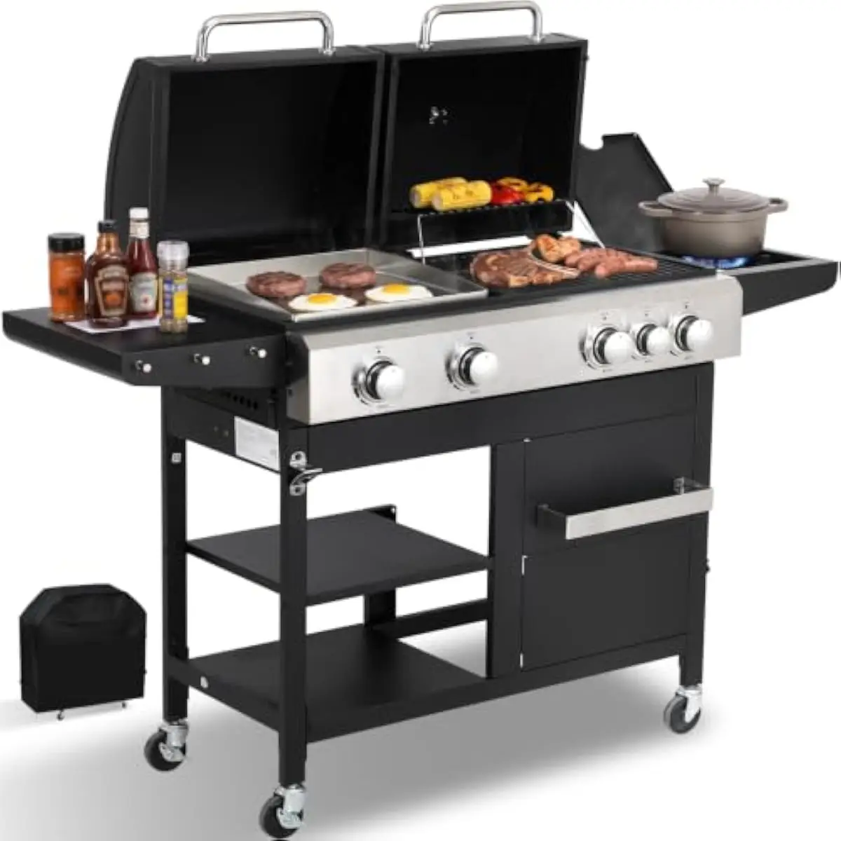 Propane-Powered Dual-Surface Outdoor Grill Featuring Cast Iron Grate & Stainless Steel Griddle Plate 49000 BTU Total Output Four