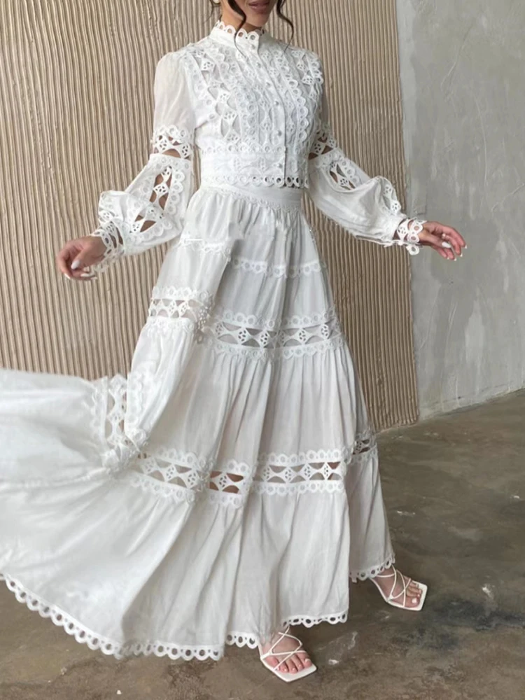 White 2 piece set Women\'s Party lace cutwork blouse tops and Long high-waist skirt 2024 Spring summer suit Luxury INKEO 3T219