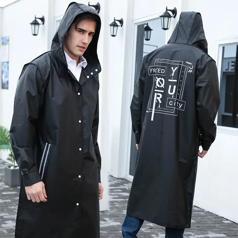 

Fashion Long Adult Raincoat Men Women EVA Black Impermeable Outdoor Hiking Rain Coat Poncho Jacket Hooded Waterproof Reusable