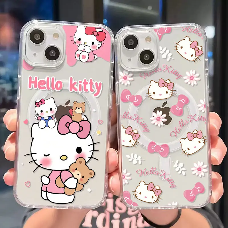 Cute Pink Hello Kitty Magsafe Magnetic Phone Case for Samsung Galaxy S25 S24 S23 S22 S21 S20 FE Plus Ultra 5G Soft Clear Cover