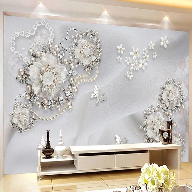 Custom 3D Mural European Luxury Relief Pearl Jewelry Flower Photo Wallpaper Bedroom Living room TV background wall restaurant 8d