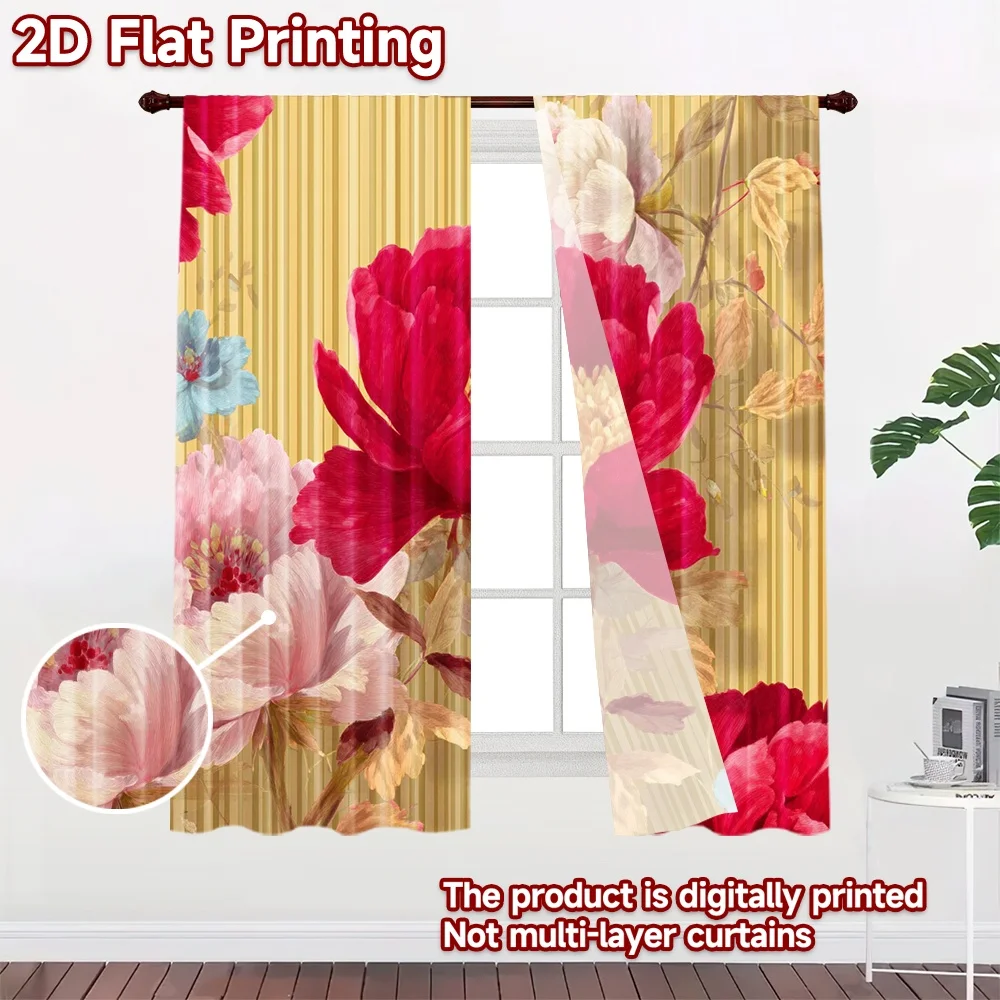 2D flat 2pcs Curtain Home Short Curtains Red Peonies on Stripes Durable polyester fiber Festive Holiday Perfect for Home & Party