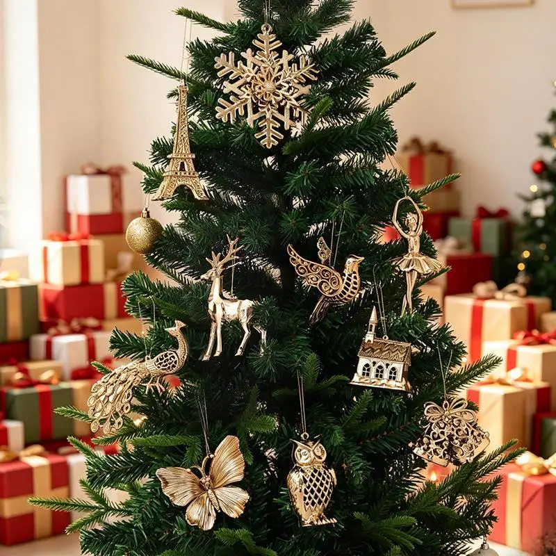 Festive 3D Electroplated Christmas Pendant Gold & Red Christmas Tree Hanging Ornaments For Tree, Window & Party Decor