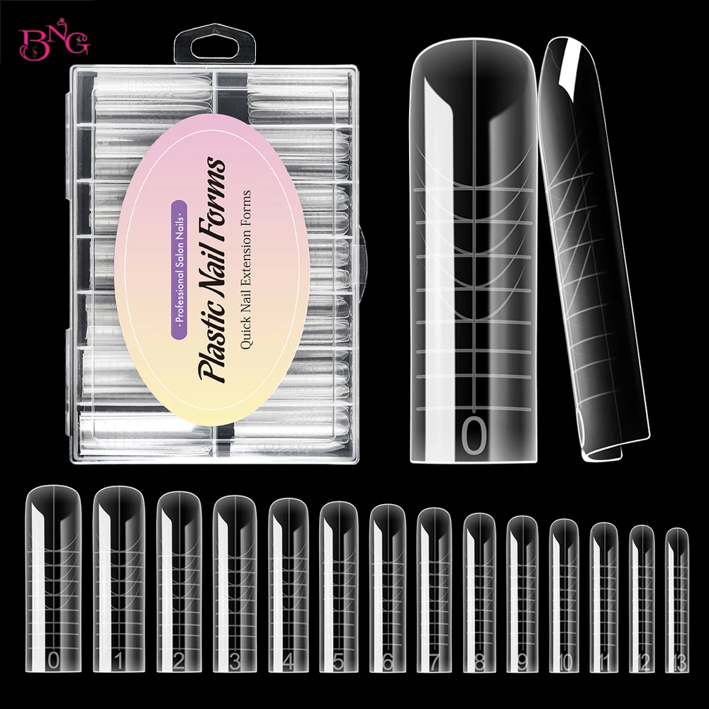 BNG 140Pcs Flexible Dual Nail Forms Ballet Coffin Square Extension Soft Plastic Nail Form Full Cover Reusable Nail Molds 14 Size