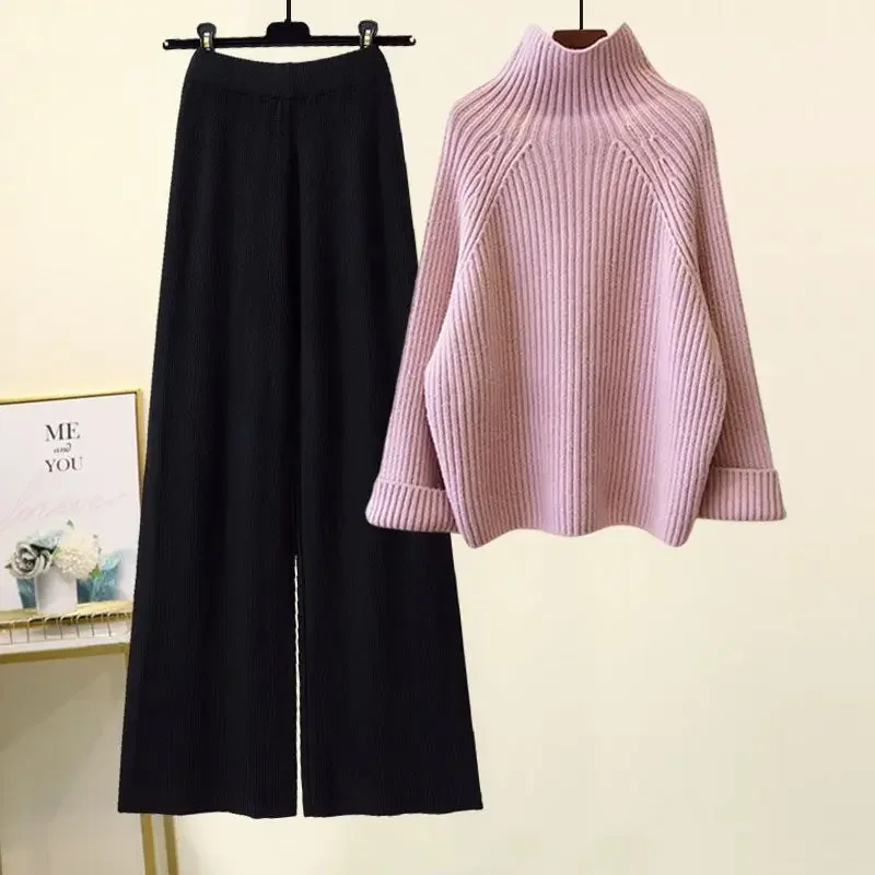 Conjuntos de prendas de punto cálidas de invierno para mujer, jersey de manga larga con cuello alto, suéter + pantalones de punto de pierna ancha de cintura alta