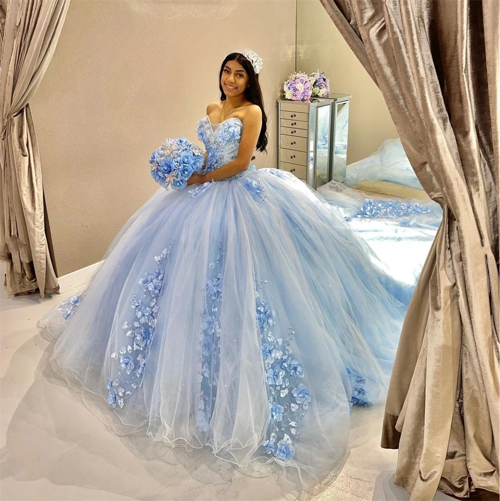 

Sky Blue Quinceanera Dresses Ball Gown Sweetheart Tulle Floral Puffy Sweet 16 Dresses 15 Años Mexican Customized