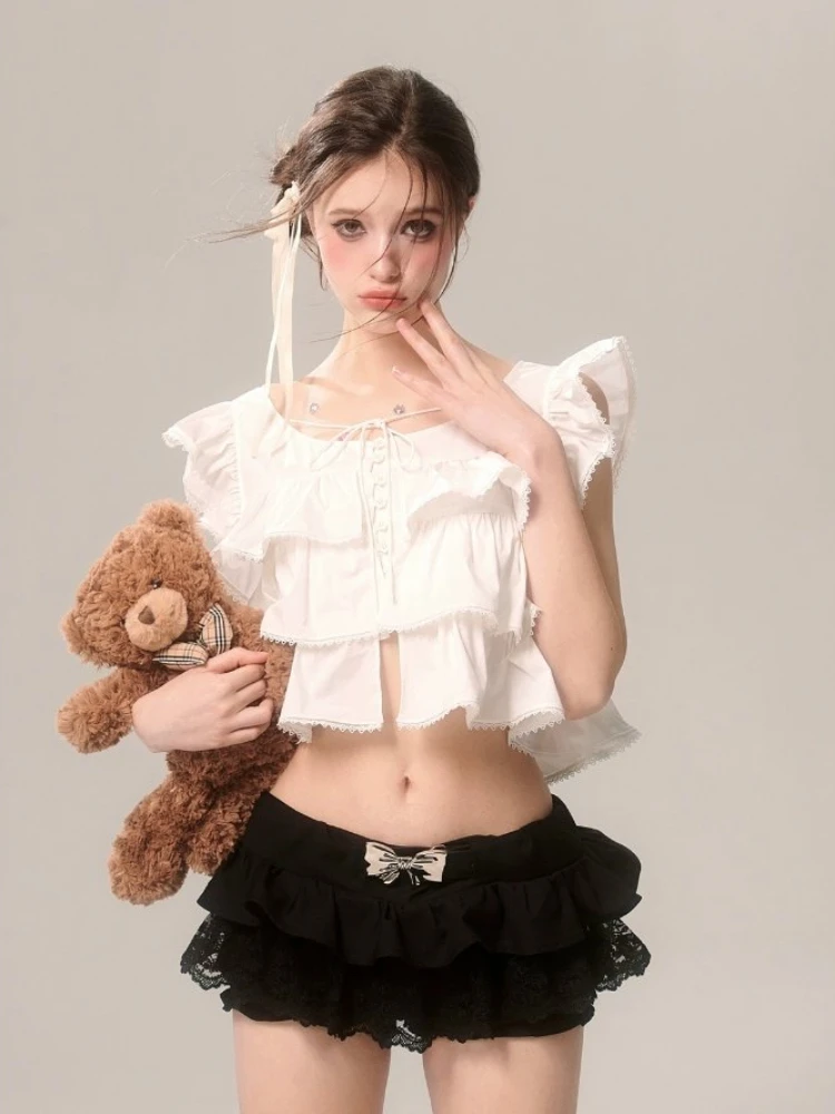 

ADAgirl White Flying Sleeve Shirts for Women Lace Up Ruffled Short Sleeve Crop Top Summer Korean Style Fashion Cutecore Clothes