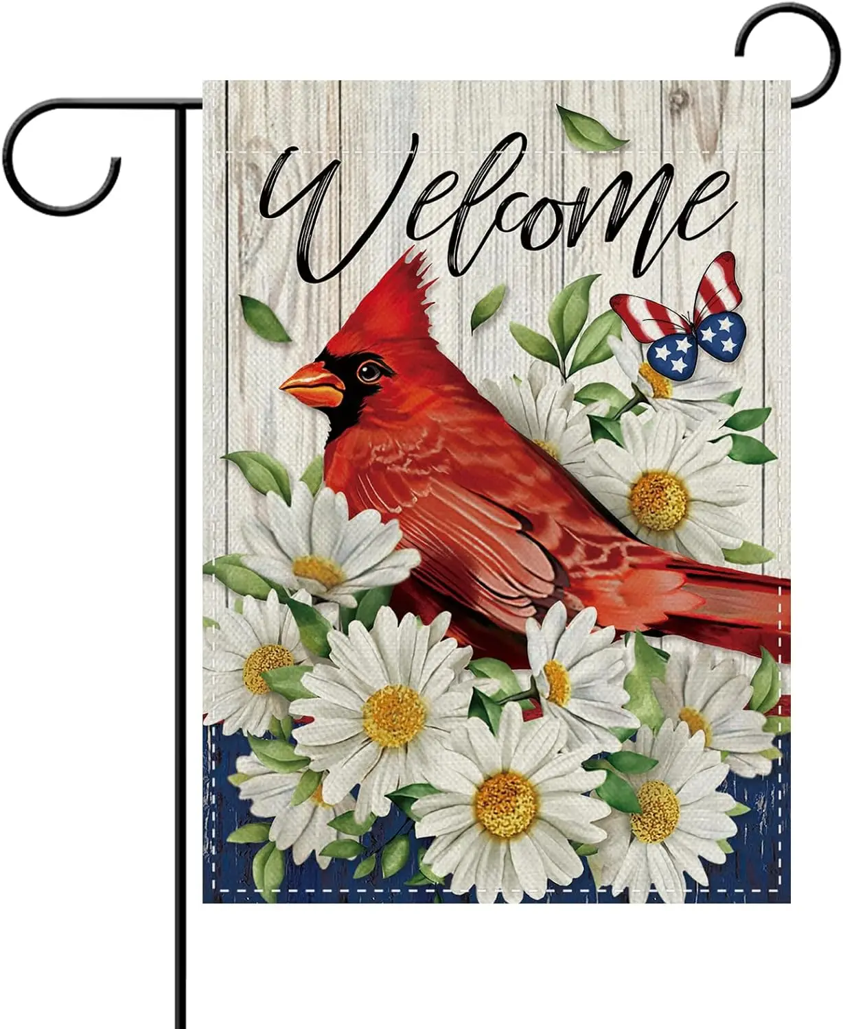 Dyrenson Welcome 4th of July Patriotic Cardinal Decorative Garden Flag, America Red Bird Daisy Flower Yard Outside Home Deco AAS