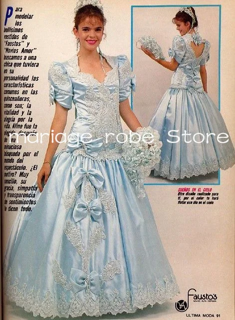 Sky Blue Vintage History Wedding Dresses with Bow Customsized V-neck Lace Applique Birde Dress with Sleeve Outfit