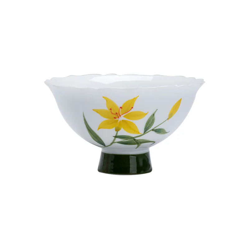 Pure hand-painted iris flower kung fu tea set jade mud white porcelain household cover bowl