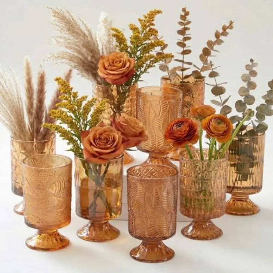 

9 Set H:7 Inch W:4 Inch Flower Crystal Glass Vases Embossed Pedestal Vases for Centerpieces Hydroponic Glass Transparent Bottle