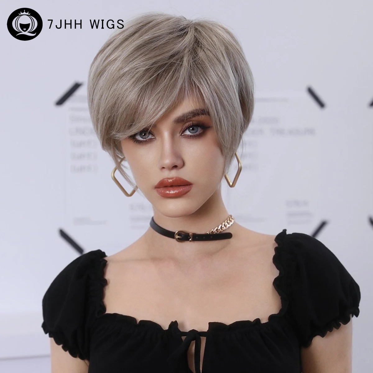 

7JHH WIGS Synthetic Pixie Cut Wigs Short Straight Champagne Bob Wig for Women High Density Synthetic Ash Hair Wigs with Bangs