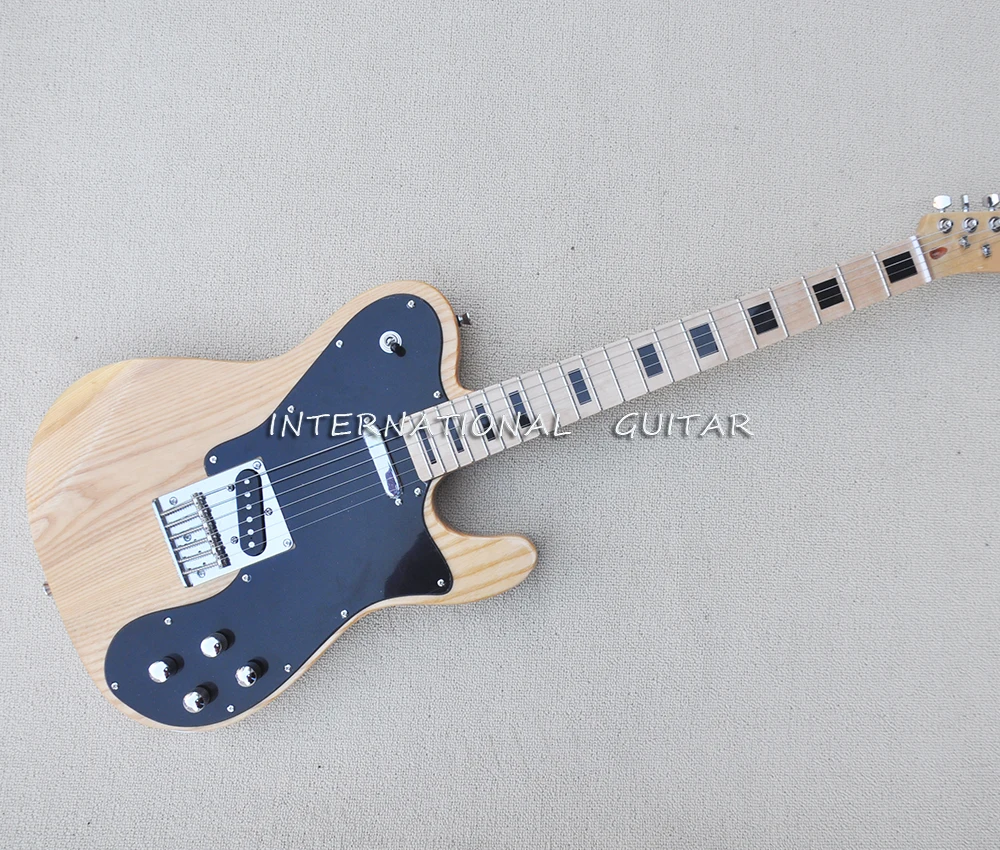 

6 Strings Natural Wood Color Ash Electric Guitar with Black Pickguard,Maple Fretboard