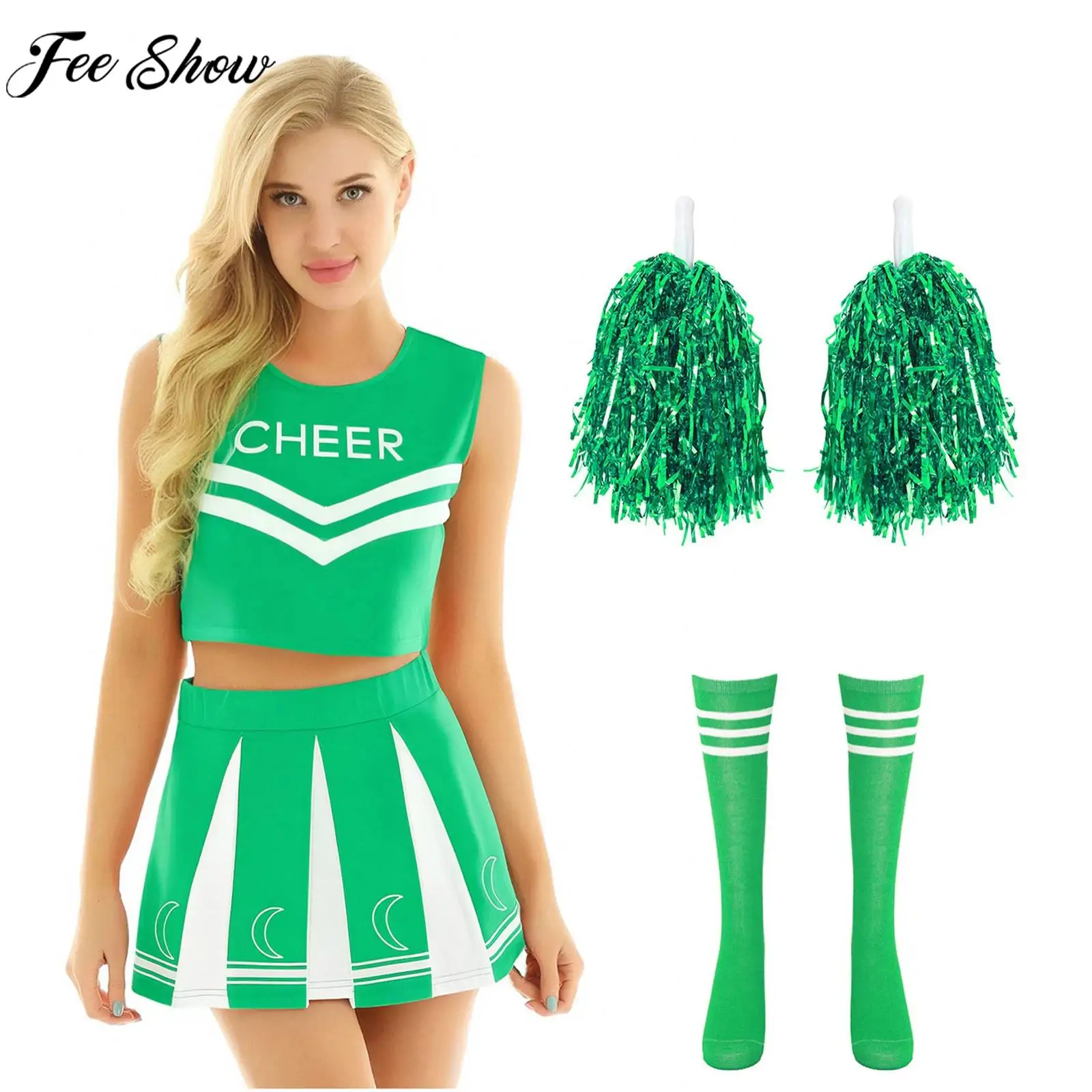 

Women Cheerleading Performance Uniform Crop Top with Skirt Socks Hand Flowers Halloween Party Schoolgirl Cheer Cosplay Costume