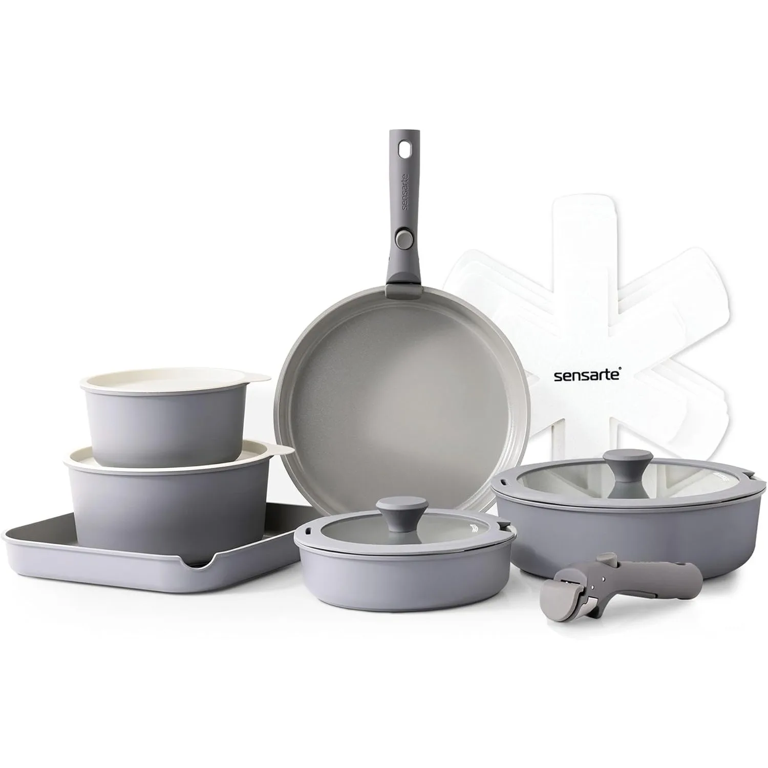 17 Piece Ceramic Pots and Pans Set, Nonstick Detachable Handle Cookware, Induction Kitchen Cookware Set  (Gray)